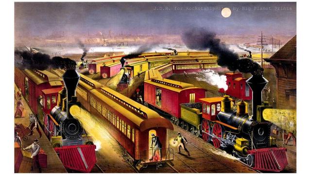 Trains at Night Time at Railway Junction, United States 1876
