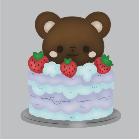 Digital illustration of teddy bear as cake with strawberries