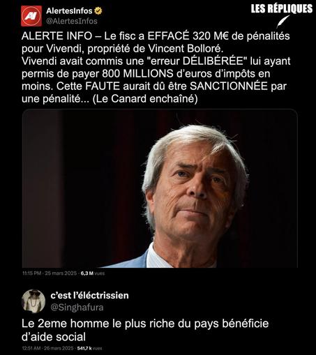 Le ministère de l’Economie et des Finances a annulé une pénalité fiscale de 320 millions d’euros imposée au groupe Vivendi. L’entreprise de Vincent Bolloré a requalifié des titres afin de ne pas payer ses impôts futurs de quelque 800 millions d’euros.

Réplique de C'est l'électricien : "Le 2eme homme le plus riche du pays bénéficie d’aide social"