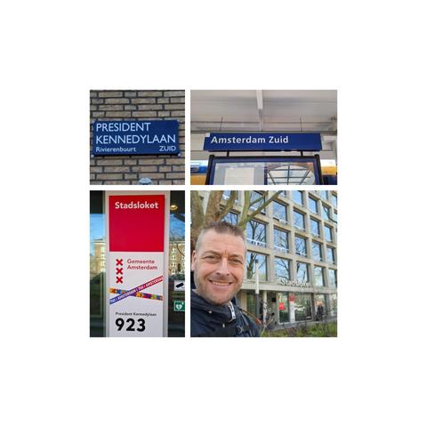 Plaatjes van mijn bezoek aan de gemeente Amsterdam. Stadsloket van Zuid en afbeelding van bord Amsterdan Zuid. 