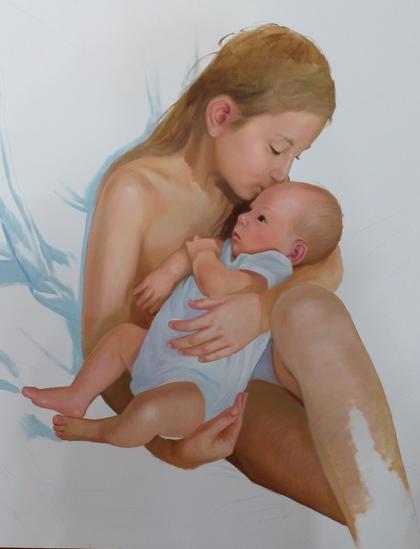 a painting of a blonde-haired girl holding her baby sister, kissing her on her head, the background blank and undefined mostly, the figured partially defined 