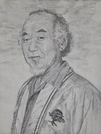 a painting of mr. miyagi from the karate kid, wearing a button down shirt with a bansai tree on the chest, he is looing at the viewer, clouds behind him, the painting is in black and white 