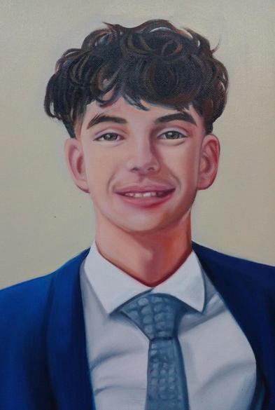 a painting of a slender smiling teenage boy with a mop of brown hair, a light naples colored background, he is wearing a blue suit and tie and a white dress shirt 