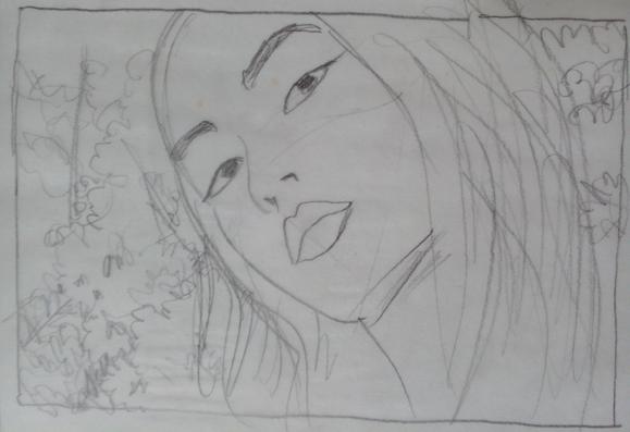 a sketch of a woman's face, looking down at the viewer, pencil linework, a concept sketch 