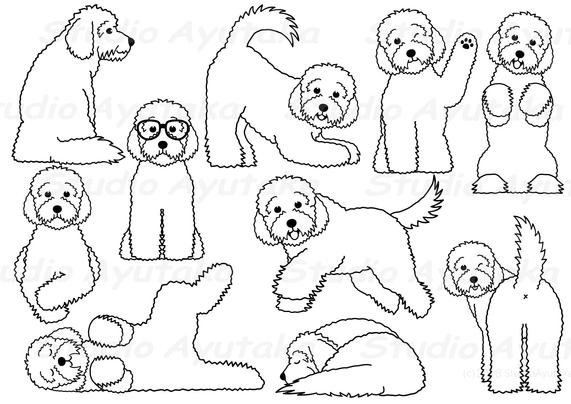 a bundle of Golden Doodle dogs in various poses, line drawing.