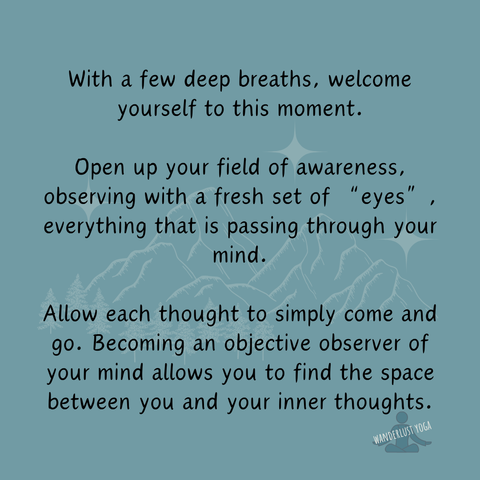 With a few deep breaths, welcome yourself to this moment.

Open up your field of awareness, observing with a fresh set of “eyes”, everything that is passing through your mind.

Allow each thought to simply come and go. Becoming an objective observer of your mind allows you to find the space between you and your inner thoughts.