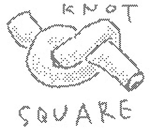 a low-res black and white pixel drawing of a chunky rope tied in a square knot. the words ‘square knot’ float above and below.