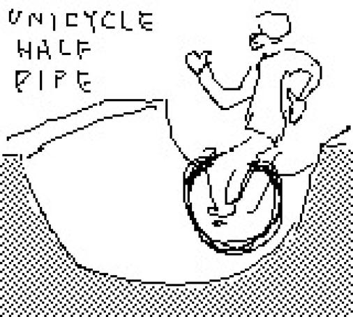 a low-res black and white pixel drawing of a unicyclist in a half pipe. the words ‘unicycle halfpipe’ float in the top left corner.