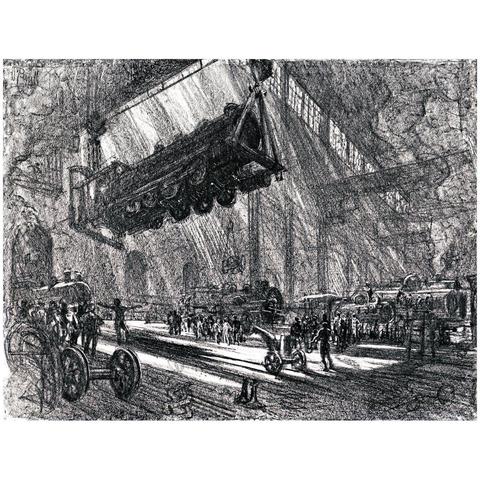 The Flying Locomotive, Trains Being Built, Joseph Pennell 1917