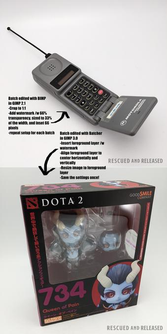 Two images, one vertically over the other. The top one is a 1990s flip cell phone with a retractable antenna. The bottom one is a new in box small vinyl figure of the Queen of Pain from the DOTA 2 video game. Text in the middle describes how the files were each edited in batches using the photo editing software GIMP.