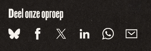 Screenshot van de website:
"Deel onze oproep"
Daaronder zes sharebuttons, maar een #sharebutton voor Mastodon ontbreekt.