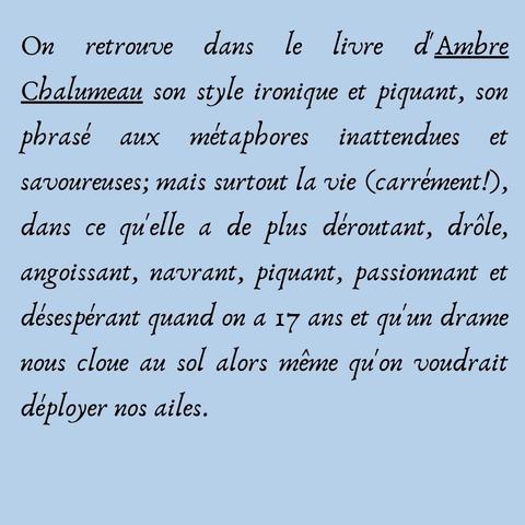 On retrouve dans le livre d'Ambre Chalumeau son style ironique et piquant, son phrasé aux métaphores inattendues et savoureuses; mais surtout la vie (carrément!), dans ce qu'elle a de plus déroutant, drôle, angoissant, navrant, piquant, passionnant et désespérant quand on a 17 ans et qu'un drame nous cloue au sol alors même qu'on voudrait déployer nos ailes.