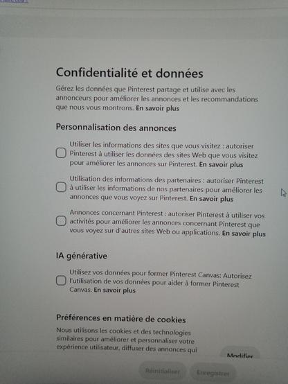 Photographie des paramètres de confidentialité de Pinterest.