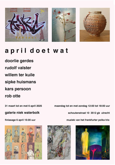 Dit is een flyer voor de tentoonstelling ‘april doet wat’ komende week in galerie Waterbolk, Schoutenstraat 10, Utrecht. 