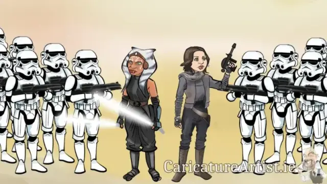 its always sunny on tatooine cartoon featuring sci fi female warriors facing down many dozens of slightly incompetent white armoured troops in a desert