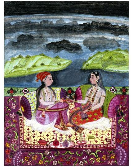 Two Women at Leisure on A Rug Outdoors, Mughal India 17th Century