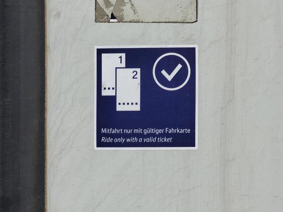 Deutsche Bahn sticker: "Mitfahrt nur mit gültiger Fahrkarte / Ride only with a valid ticket".