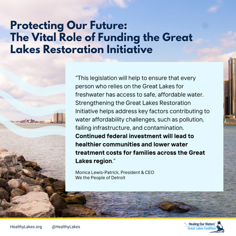 A view of Lake Huron with the skyline of Detroit in the background. Overlay text reads: Protecting Our Future: The Vital Role of Funding the Great Lakes Restoration Initiative. “This legislation will help to ensure that every person who relies on the Great Lakes for freshwater has access to safe, affordable water. Strengthening the Great Lakes Restoration Initiative helps address key factors contributing to water affordability challenges, such as pollution, failing infrastructure, and contamination. Continued federal investment will lead to healthier communities and lower water treatment costs for families across the Great Lakes region.” Monica Lewis-Patrick, President & CEO, We the People of Detroit