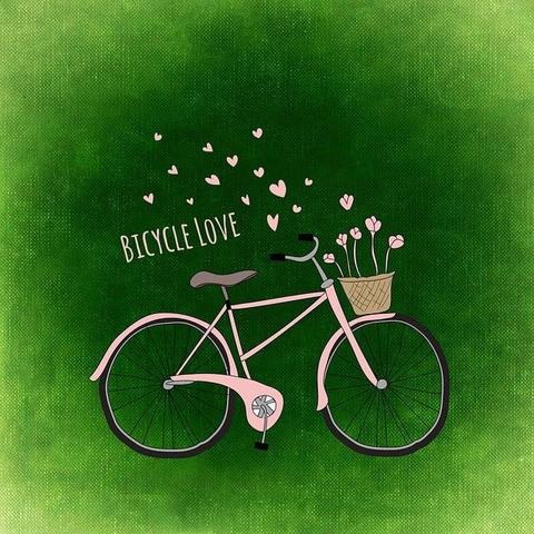 Gezeichnetes Fahrrad in rose mit Lenkerkorb und Blumen drin vor grünem woligen Hintergrund. Von den Bluen fliegen Blätter in Herzform durch die Luft. Der Schriftzug "Bicycle Love" ist über dem Sattel eingeblendet.