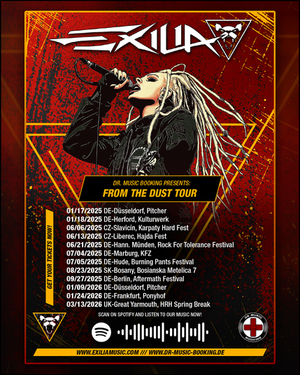 EXILIA confirm more electrifying shows packed with explosive stage energy for their ‘From The Dust Tour’

The Italian Alternative Metal pioneers EXILIA have already taken off full throttle in the first few months of this new year and continue their successful ‘From The Dust Tour’ with more dates. Following the tremendous success of their extensive anniversary tour “Unleashed XX”, where they headlined prestigious events such as the Aaargh Festival, Sinner Rock, Metal Colonia Fest IV, Haby Rockt Open Air, and the Eargazmic Winternights, the band promises yet another incredible live experience. The tour kick-off with performances in Germany already thrilled the fans, and now they have more rousing shows coming up in Germany, the Czech Republic, Slovakia, and the United Kingdom. With Masha Mysmane’s charismatic voice, her high-energy stage presence, and the band’s powerful instrumentation, EXILIA is set to raise the bar again in Alternative Metal, providing an emotional rollercoaster for fans.

01/17/2025 DE-Düsseldorf, Pitcher
01/18/2025 DE-Herford, Kulturwerk
06/06/2025 CZ-Slavicín, Karpaty Hard Fest
06/13/2025 CZ-Liberec, Hajda Fest
06/21/2025 DE-Hann. Münden, Rock For Tolerance Festival
07/04/2025 DE-Marburg, KFZ
07/05/2025 DE-Hude, Burning Pants Festival
08/23/2025 SK-Bosany, Bosianska Metelica 7
09/27/2025 DE-Berlin, Aftermath Festival
01/09/2026 DE-Düsseldorf, Pitcher
01/24/2026 DE-Frankfurt, Ponyhof
03/13/2026 UK-Great Yarmouth, HRH Spring Break