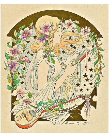 Youn Woman Reading Book Musical Instrument Flowers 1903 Henriette Bressler
