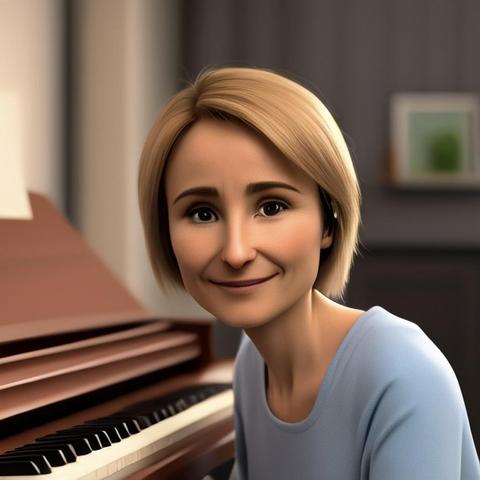 Mujer con cabello rubio corto y liso, con una expresión amable en su rostro. Lleva una camiseta azul claro. Está sentada junto a un piano, que se ve parcialmente en la imagen. El fondo es borroso, pero parece ser un interior de una casa con paredes de color neutro y un cuadro colgado en la pared. La imagen tiene un estilo que recuerda a una ilustración digital o animación.