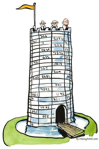 ROI in SM part 1: a cartoon of a round medieval tower surrounded by a moat with a drawbridge. Three people are standing on the roof where a flag waves. The wall of the tower is covered with a white grid that holds numbers, like a spreadsheet.