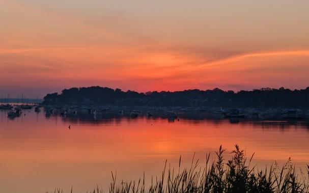Historical Documentation in the form of a photograph of a rising sun over the ocean bay at the Historic Pioneer Village in Forest River Park, Salem, MA. The sky is painted in a warm orange and pink hue like shurbert as the sun rises  on the horizon. The water is calm and reflects the colors of the sky. In the foreground, there are tall grasses swaying in the breeze. On the right side of the image, there is a small island with trees and buildings. The island is covered in greenery, and there are several boats and yachts docked in the harbor. The overall mood of the photograph is peaceful and serene.