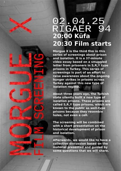Picture has the date and the place of movie screening. It shows an isolation cell in the background.