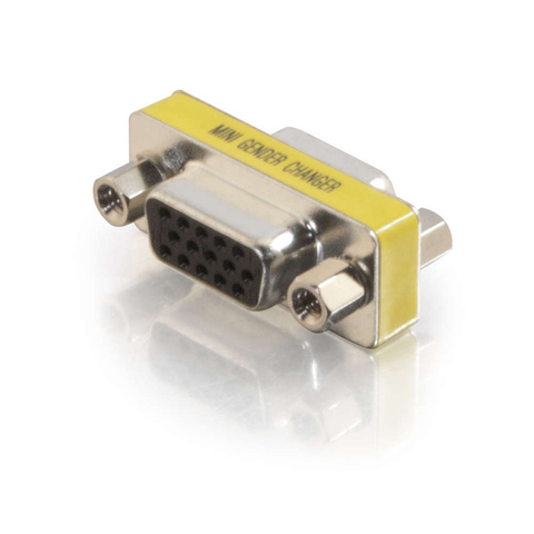 A product glamour shot of a HD15 VGA F/F Gender Changer. It even has writing around the edge, “MINI GENDER CHANGER” and it has fifteen holes on one side, and then fifteen holes on the other, so you can attach two male-ended VGA cables together and make them super convenient, certainly better than cussing a blue streak trying to get the D shaped plug to fit when it has to do so in a very inconvenient orientation. PUNS INTENDED. Straight people, amirite?!?! ;)