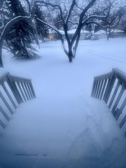 A view from my front door of snow covered steps going down to a snow covered front yard; beyond are trees, a street and then homes with snow covered roofs, one home with a couple of outdoor lights on