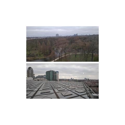 Bovenste foto uitzicht over Den Haag en Scheveningen, onderste foto uitzicht over de aankomende en vertrekkende treinen vanuit Den Haag Centraal station.
