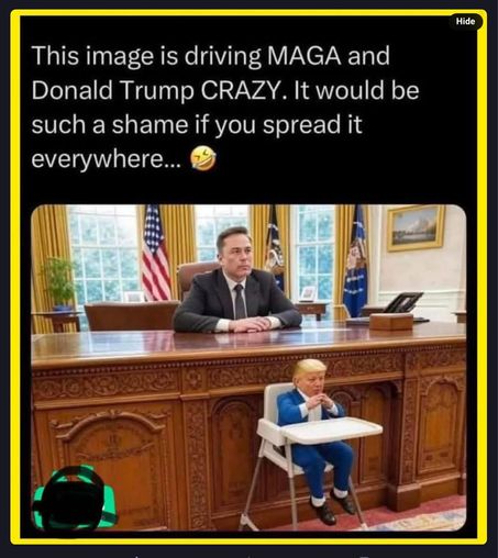 A (fake) picture of Elon Musk behind the desk in the white house, and Trump sitting in a child's chair in front of the desk. It shows the real distribution of power now that the White House is headed by a convicted felon. 