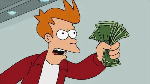 Philip J. Fry brandissant une liasse de billets.
Futurama, saison 6, épisode 3.