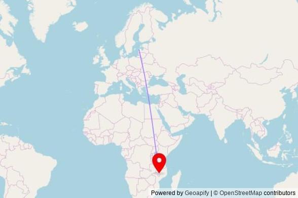 A map showing the great circle route from Ventspils in Latvia to a map pin at Mangochi SDA, M10, Samama, Malawi