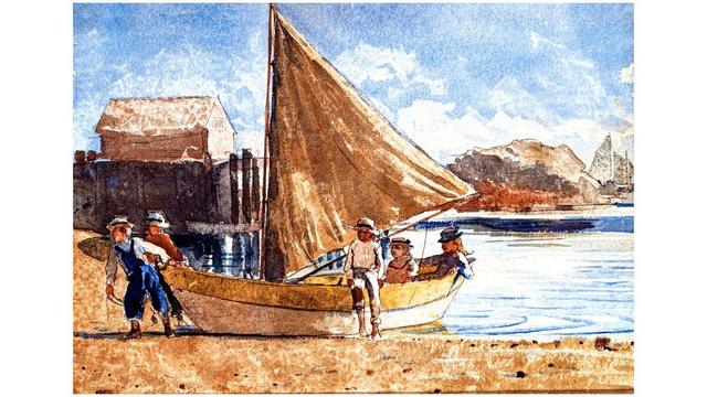 Young Children Enjoy A Summer Day with Sailboat at the Beach 1880 Winslow Homer