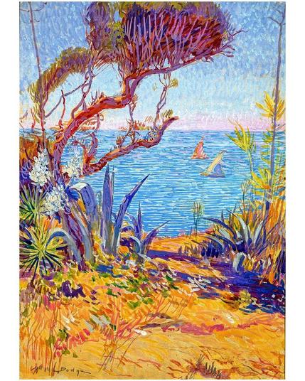 Italy Mediterranean Beach Seascape with Plants & Sailboats 1932 William de Leftwich Dodge