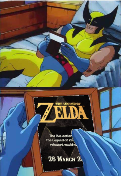 Meme de Lobezno donde tiene cogido el marco de una foto, donde se ha reemplazado la foto de Jean Grey por el anuncio de la película de The Legend of Zelda