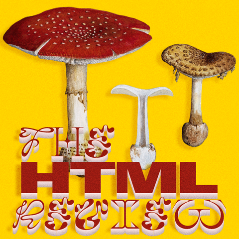 Red text on yellow background with mushrooms:
The html review 