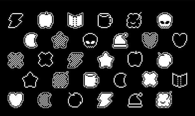 tiny, chubby black and white pixel icons laid out in a checkerboard pattern. hearts, fruit, and skulls and stuff.