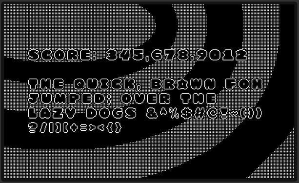 tiny, chubby black and white pixel letters laid out over a black and gray galaxy swirl. it’s a test screen with an absurdly large score using all the numerals and then the “quick fox…” sentence using all the letters.