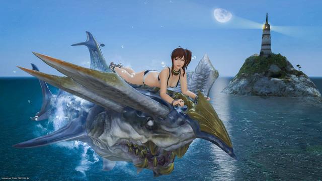 Esi riding over the ocean atop her flying shark mount. A lighthouse and the moon can be seen in the background.