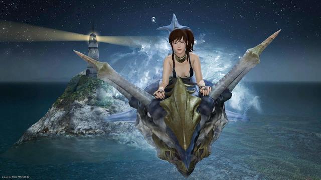 Esi holds on tight while riding her shark mount above the ocean at Costa Del Sol.