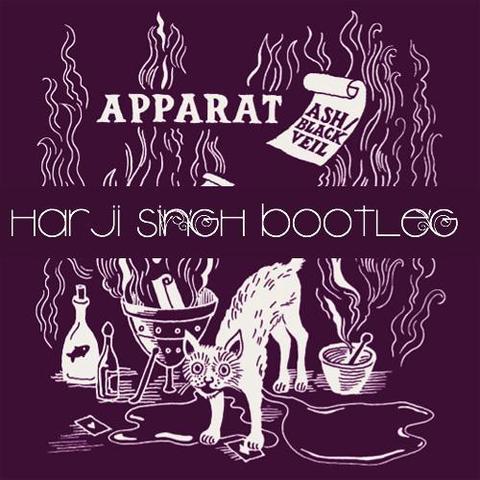 Illustration with white lines of a cat, bottles, and fumes coming out of potion pot of an alchemist, on violet purple background with flying paper with text "Ash/Black Veil".
White text: Apparat 
Harji Singh Bootleg 