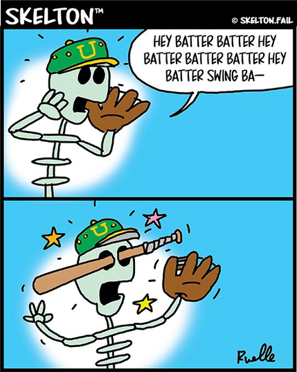 Skelton plays baseball opening day, eggs on the batter to swing, gets the bat thrown between his eyes.