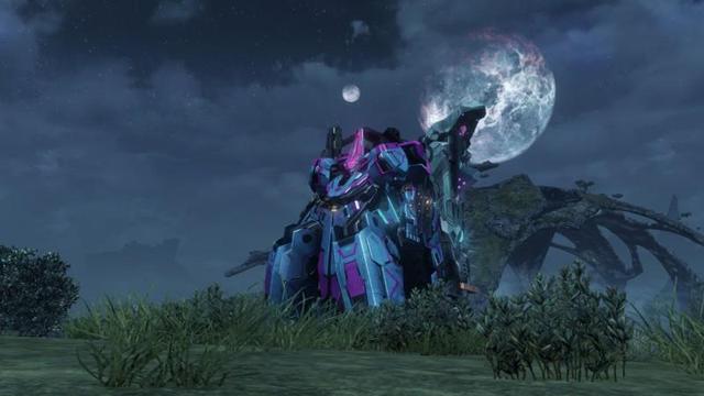 Screenshot from Xenoblade Chronicles X (Wii U original). At nighttime, a mech is stationary at the center. The mech's color scheme are hues of blue, pink, and purple.