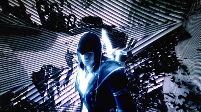 Screenshot from Assassin's Creed 3. Connor is inside bushes that caused this visual glitch once inside. The color scheme are hues of blue and black due to being in his "focus" vision mode.