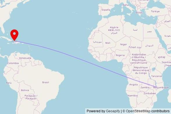 A map showing the great circle route from Samama in Malawi to a map pin at NDDS, RD 501, Port-de-Paix, Haiti