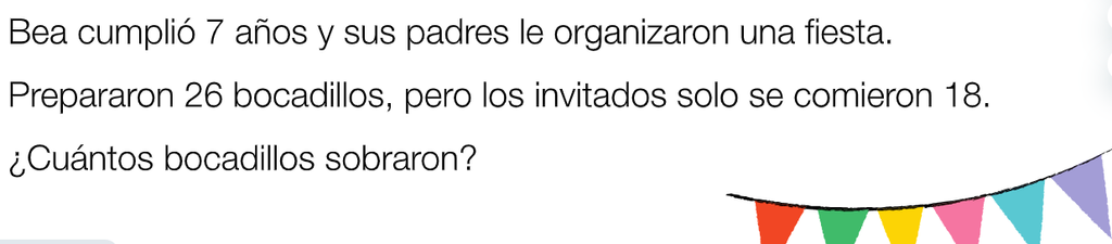 Enunciado de un problema de Matemáticas. Bea cumplió 7 años y sus padres le organizaron una fiesta. Prepararon 26 bocadillos pero los invitados solo se comieron 18. ¿ Cuántos bocadillos sobraron ?