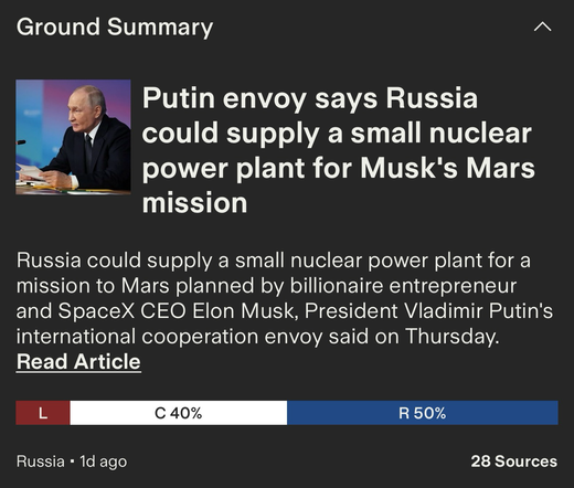 A Ground News summary article saying: Putin envoy says Russia could supply a small nuclear power plant for Musk’s Mars mission. 